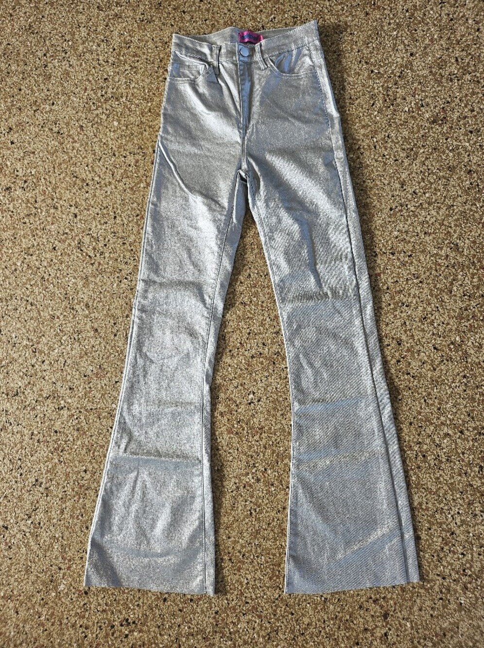 Edikted XS Silver Metallic Poly Viscose Wide Leg Unhemmed Jeans